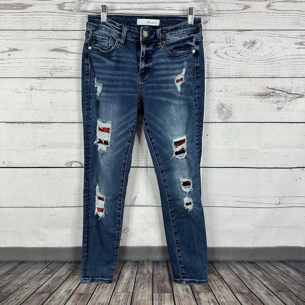 Kancan Jeans Womens 27 Blue Buffalo‎ Plaid Patch Distressed Ripped Stretch Ankle